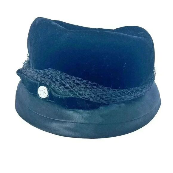 Vintage Cloche Hat Velvet Satin & Net Lace Trim w/Rhinestone - Picture 2 of 13